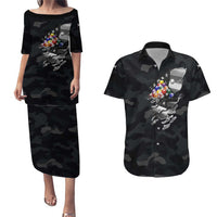 Custom American Flag Billiards Couples Matching Puletasi and Hawaiian Shirt with 8-Ball Wings and Camo Background - Wonder Print Shop