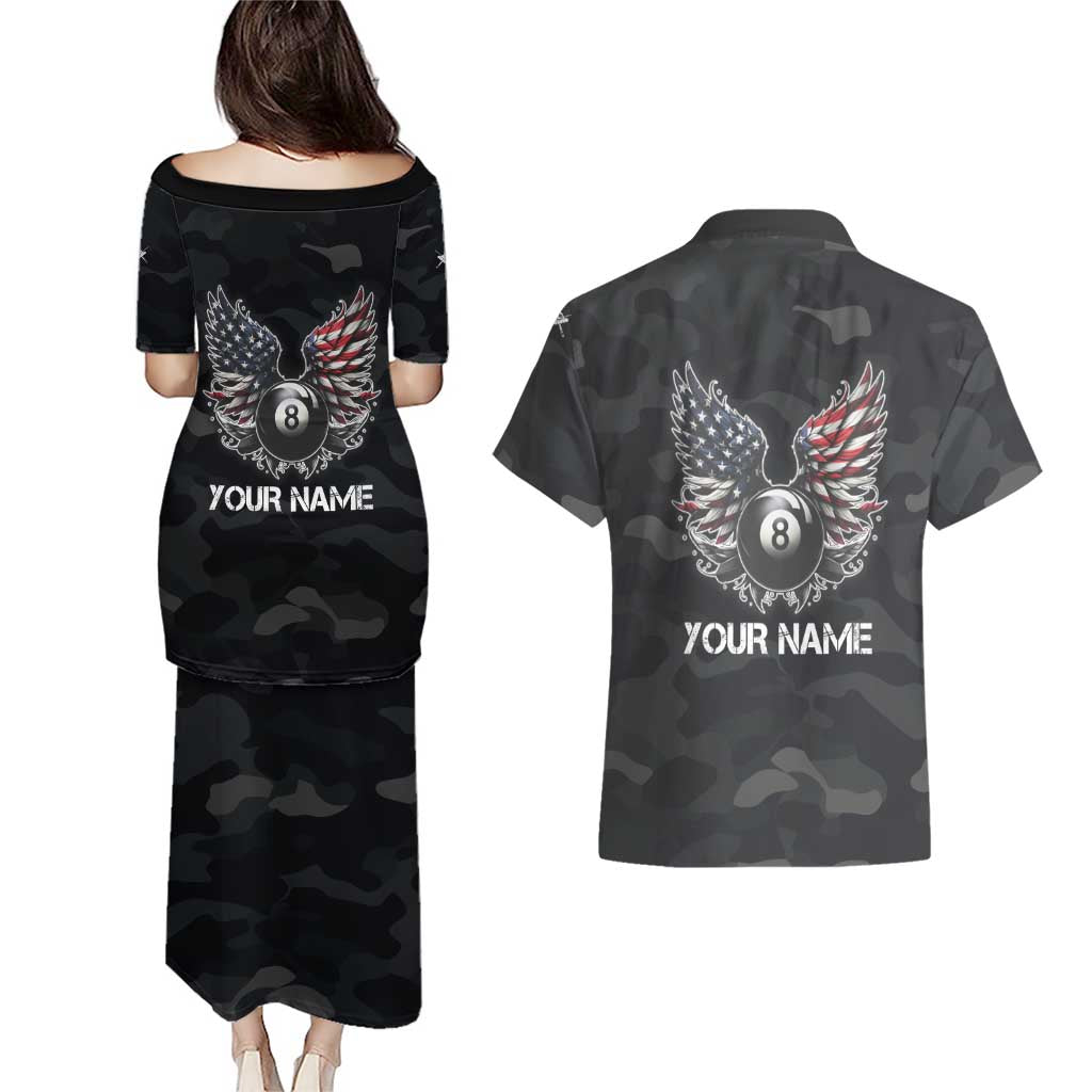 Custom American Flag Billiards Couples Matching Puletasi and Hawaiian Shirt with 8-Ball Wings and Camo Background - Wonder Print Shop