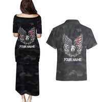 Custom American Flag Billiards Couples Matching Puletasi and Hawaiian Shirt with 8-Ball Wings and Camo Background - Wonder Print Shop