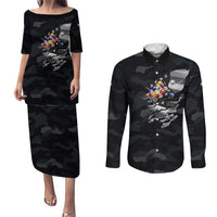 Custom American Flag Billiards Couples Matching Puletasi and Long Sleeve Button Shirt with 8-Ball Wings and Camo Background - Wonder Print Shop