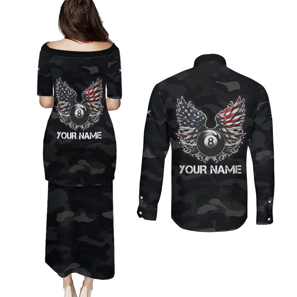 Custom American Flag Billiards Couples Matching Puletasi and Long Sleeve Button Shirt with 8-Ball Wings and Camo Background - Wonder Print Shop