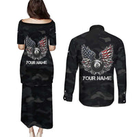 Custom American Flag Billiards Couples Matching Puletasi and Long Sleeve Button Shirt with 8-Ball Wings and Camo Background - Wonder Print Shop