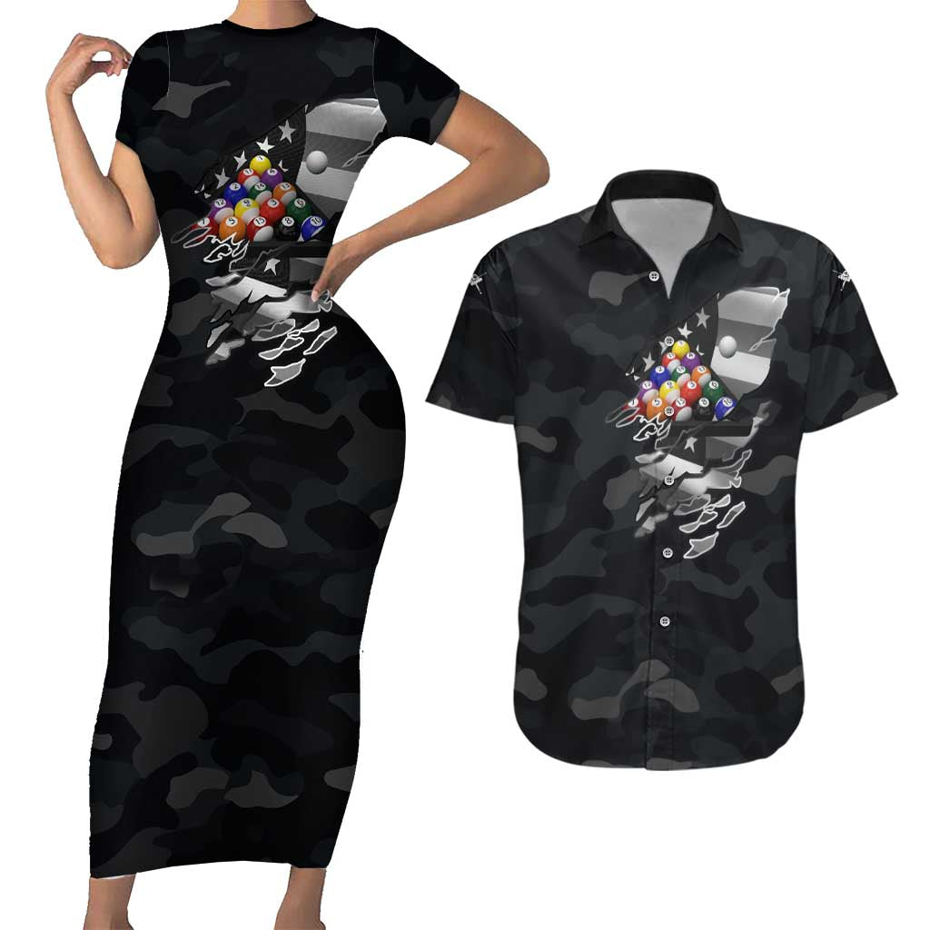 Custom American Flag Billiards Couples Matching Short Sleeve Bodycon Dress and Hawaiian Shirt with 8-Ball Wings and Camo Background - Wonder Print Shop