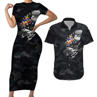 Custom American Flag Billiards Couples Matching Short Sleeve Bodycon Dress and Hawaiian Shirt with 8-Ball Wings and Camo Background - Wonder Print Shop