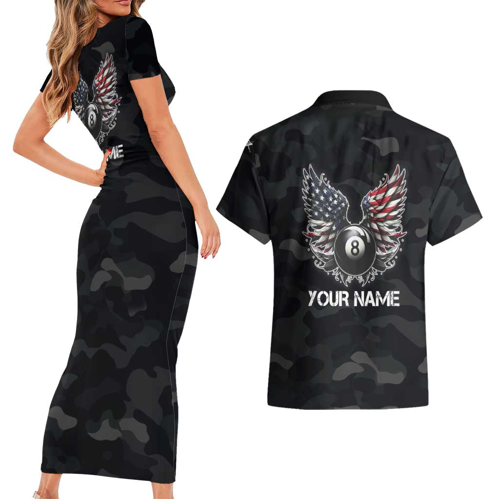 Custom American Flag Billiards Couples Matching Short Sleeve Bodycon Dress and Hawaiian Shirt with 8-Ball Wings and Camo Background - Wonder Print Shop