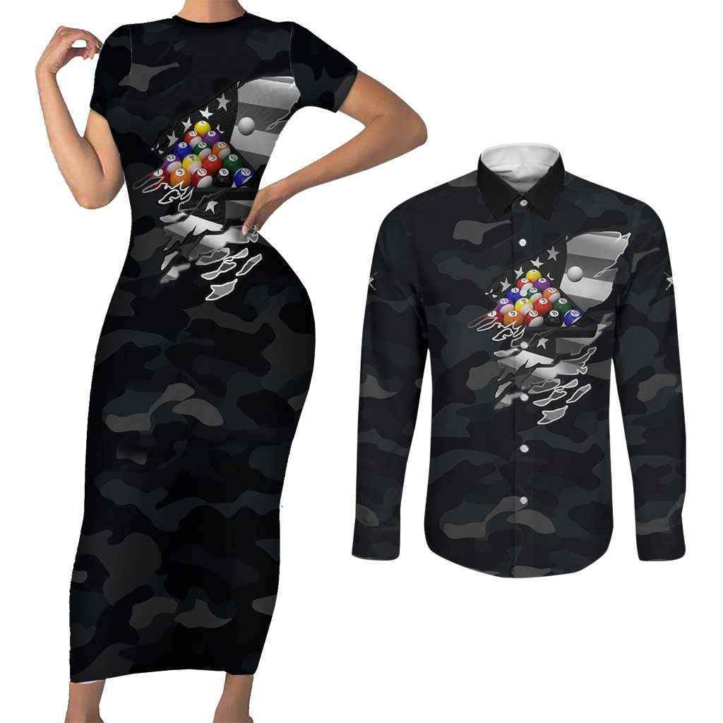 Custom American Flag Billiards Couples Matching Short Sleeve Bodycon Dress and Long Sleeve Button Shirt with 8-Ball Wings and Camo Background - Wonder Print Shop