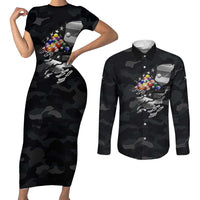 Custom American Flag Billiards Couples Matching Short Sleeve Bodycon Dress and Long Sleeve Button Shirt with 8-Ball Wings and Camo Background - Wonder Print Shop