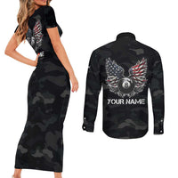Custom American Flag Billiards Couples Matching Short Sleeve Bodycon Dress and Long Sleeve Button Shirt with 8-Ball Wings and Camo Background - Wonder Print Shop