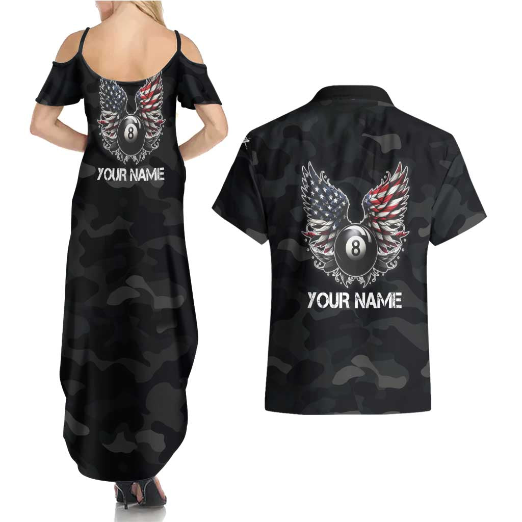 Custom American Flag Billiards Couples Matching Summer Maxi Dress and Hawaiian Shirt with 8-Ball Wings and Camo Background - Wonder Print Shop