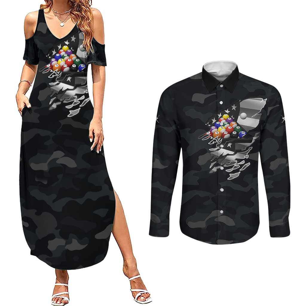 Custom American Flag Billiards Couples Matching Summer Maxi Dress and Long Sleeve Button Shirt with 8-Ball Wings and Camo Background - Wonder Print Shop