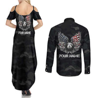 Custom American Flag Billiards Couples Matching Summer Maxi Dress and Long Sleeve Button Shirt with 8-Ball Wings and Camo Background - Wonder Print Shop
