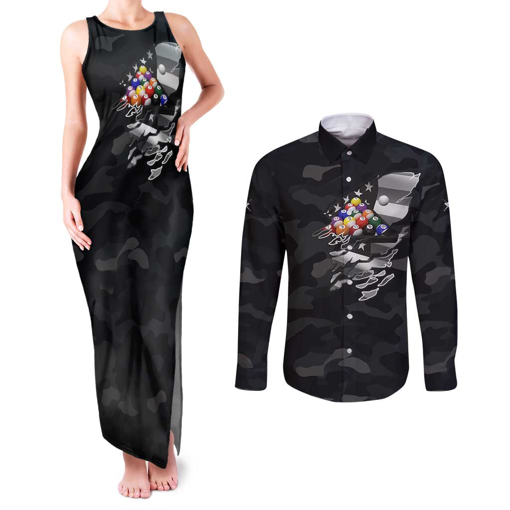 Custom American Flag Billiards Couples Matching Tank Maxi Dress and Long Sleeve Button Shirt with 8-Ball Wings and Camo Background - Wonder Print Shop
