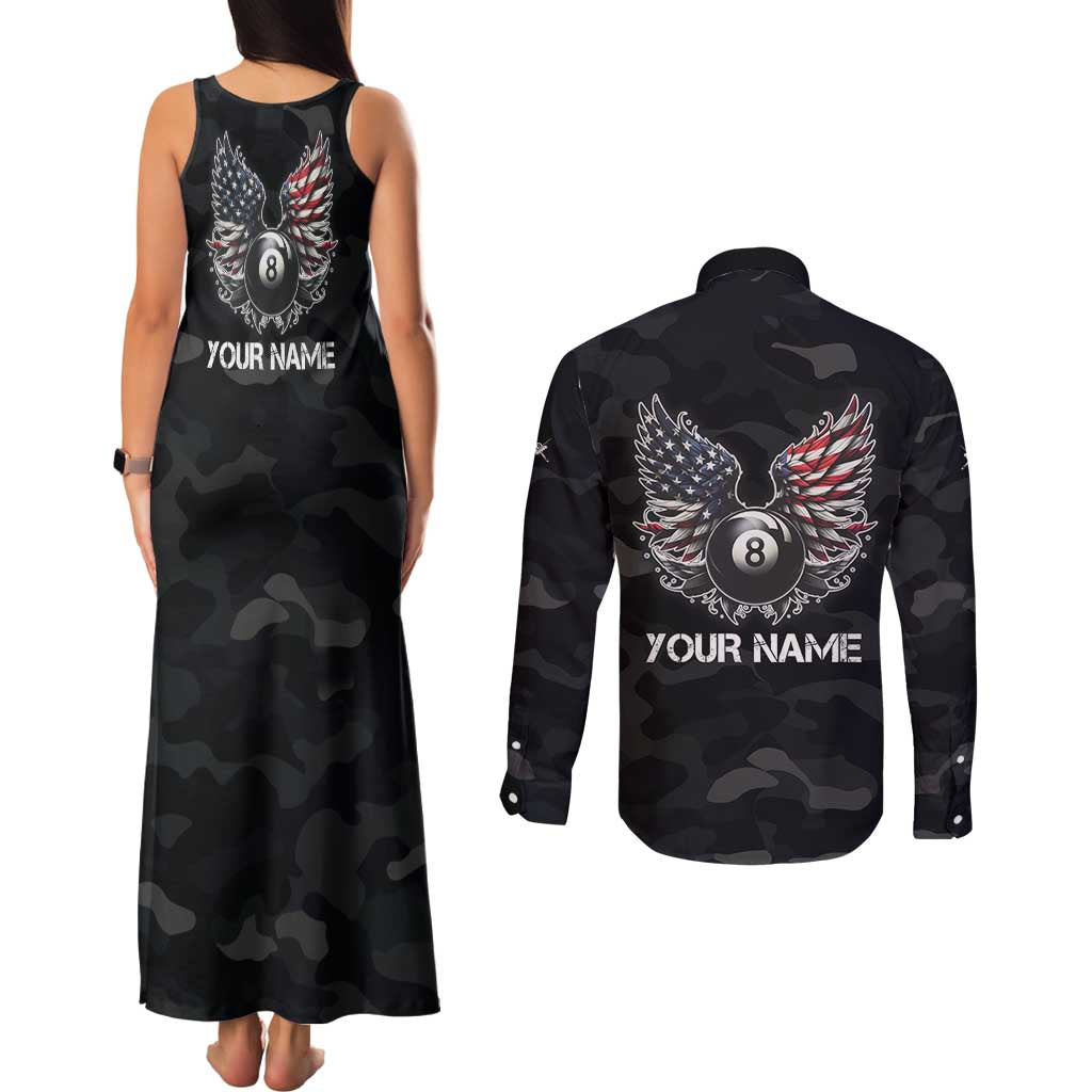 Custom American Flag Billiards Couples Matching Tank Maxi Dress and Long Sleeve Button Shirt with 8-Ball Wings and Camo Background - Wonder Print Shop