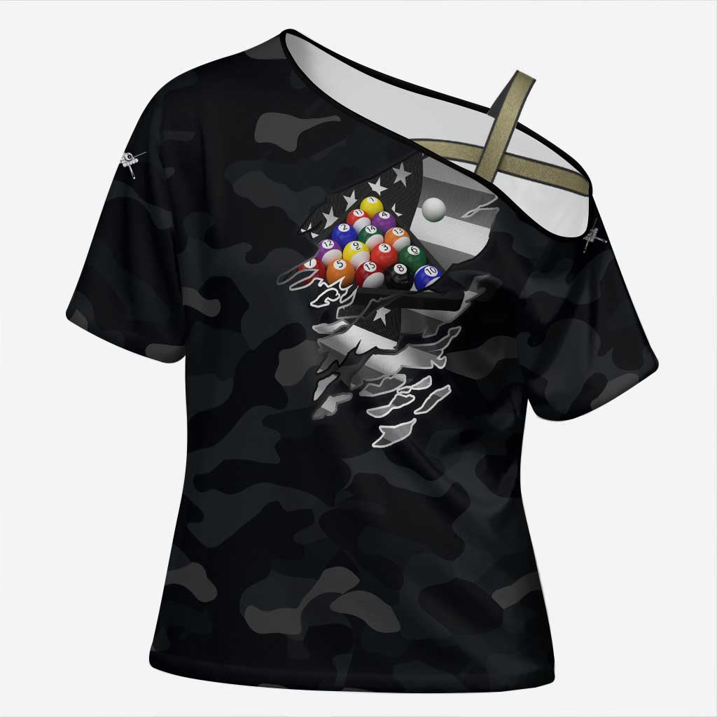 Custom American Flag Billiards Cross Shoulder Shirt with 8-Ball Wings and Camo Background - Wonder Print Shop