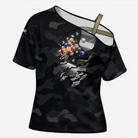 Custom American Flag Billiards Cross Shoulder Shirt with 8-Ball Wings and Camo Background - Wonder Print Shop
