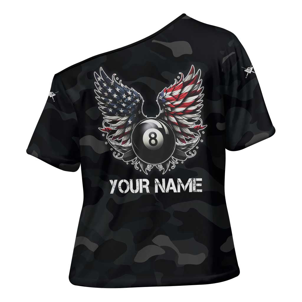 Custom American Flag Billiards Cross Shoulder Shirt with 8-Ball Wings and Camo Background - Wonder Print Shop