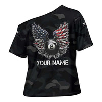 Custom American Flag Billiards Cross Shoulder Shirt with 8-Ball Wings and Camo Background - Wonder Print Shop