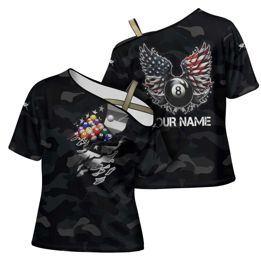 Custom American Flag Billiards Cross Shoulder Shirt with 8-Ball Wings and Camo Background - Wonder Print Shop