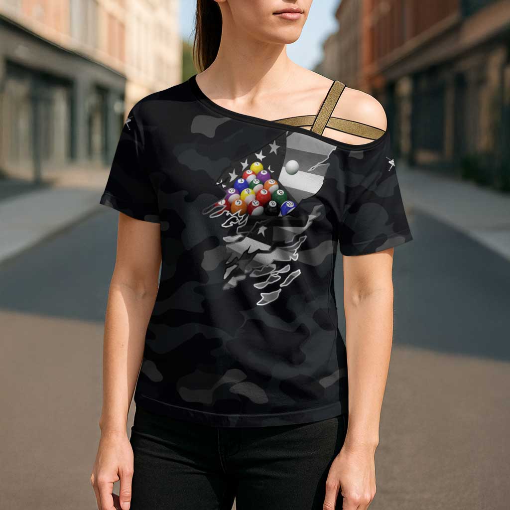 Custom American Flag Billiards Cross Shoulder Shirt with 8-Ball Wings and Camo Background - Wonder Print Shop