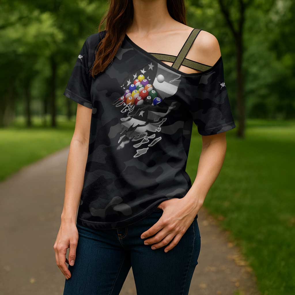 Custom American Flag Billiards Cross Shoulder Shirt with 8-Ball Wings and Camo Background - Wonder Print Shop
