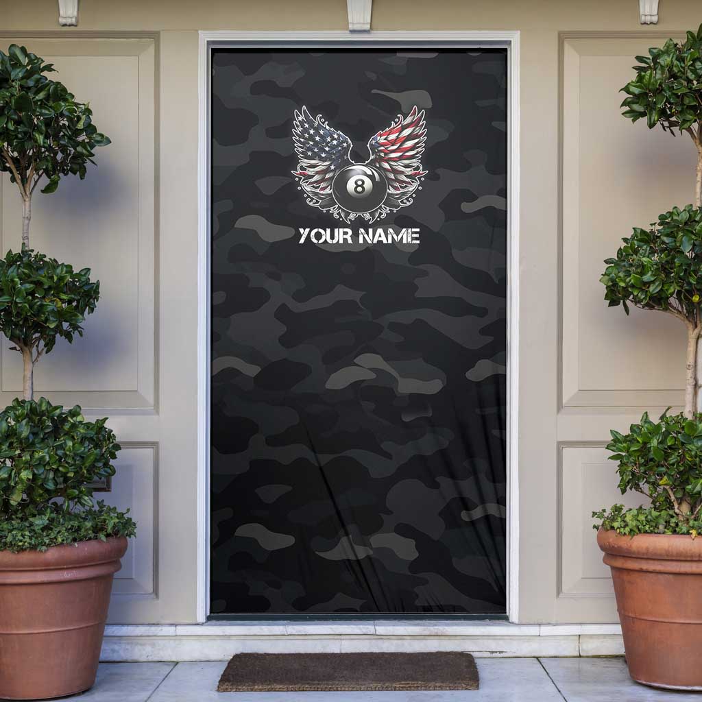 Custom American Flag Billiards Door Cover with 8-Ball Wings and Camo Background - Wonder Print Shop