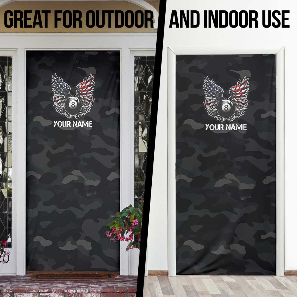 Custom American Flag Billiards Door Cover with 8-Ball Wings and Camo Background - Wonder Print Shop
