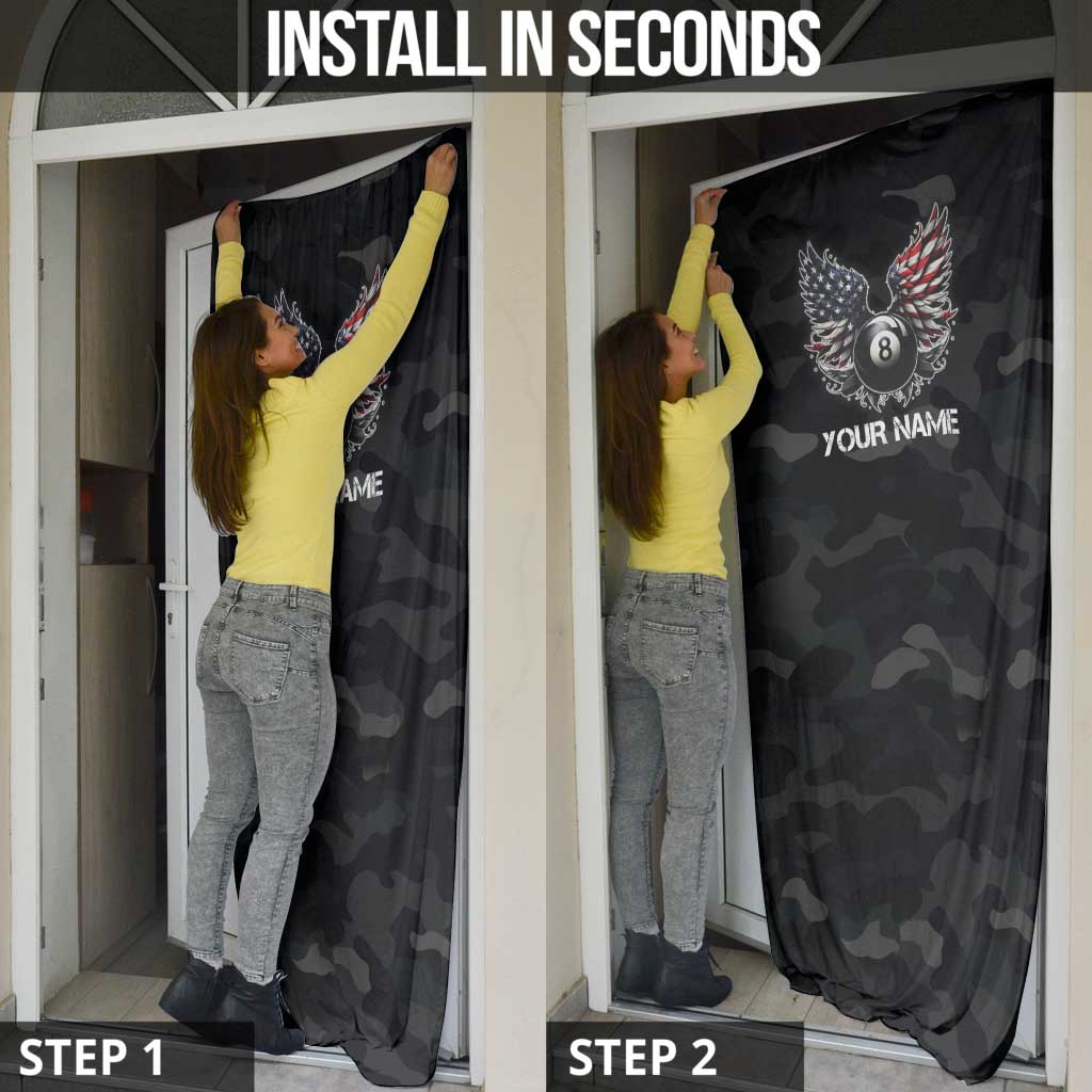Custom American Flag Billiards Door Cover with 8-Ball Wings and Camo Background - Wonder Print Shop