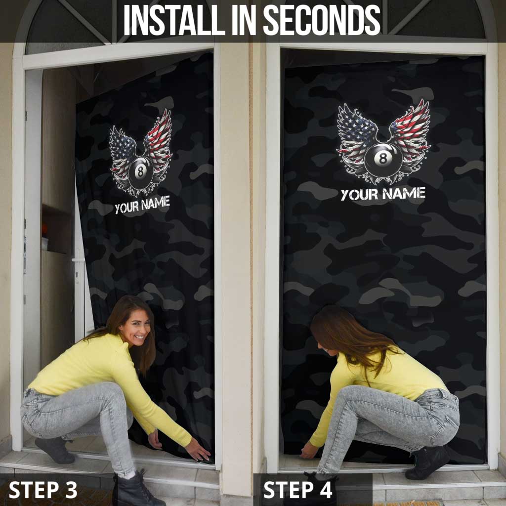 Custom American Flag Billiards Door Cover with 8-Ball Wings and Camo Background - Wonder Print Shop