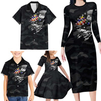 Custom American Flag Billiards Family Matching Long Sleeve Bodycon Dress and Hawaiian Shirt with 8-Ball Wings and Camo Background - Wonder Print Shop