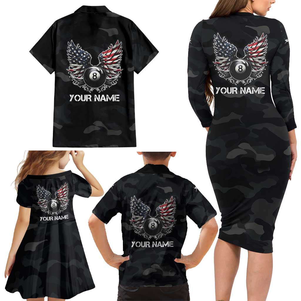 Custom American Flag Billiards Family Matching Long Sleeve Bodycon Dress and Hawaiian Shirt with 8-Ball Wings and Camo Background - Wonder Print Shop