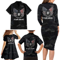 Custom American Flag Billiards Family Matching Long Sleeve Bodycon Dress and Hawaiian Shirt with 8-Ball Wings and Camo Background - Wonder Print Shop