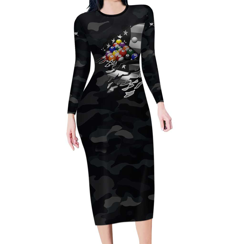 Custom American Flag Billiards Family Matching Long Sleeve Bodycon Dress and Hawaiian Shirt with 8-Ball Wings and Camo Background - Wonder Print Shop