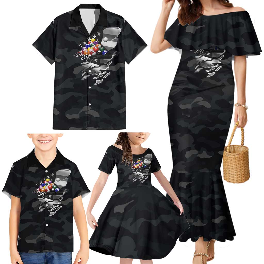 Custom American Flag Billiards Family Matching Mermaid Dress and Hawaiian Shirt with 8-Ball Wings and Camo Background - Wonder Print Shop