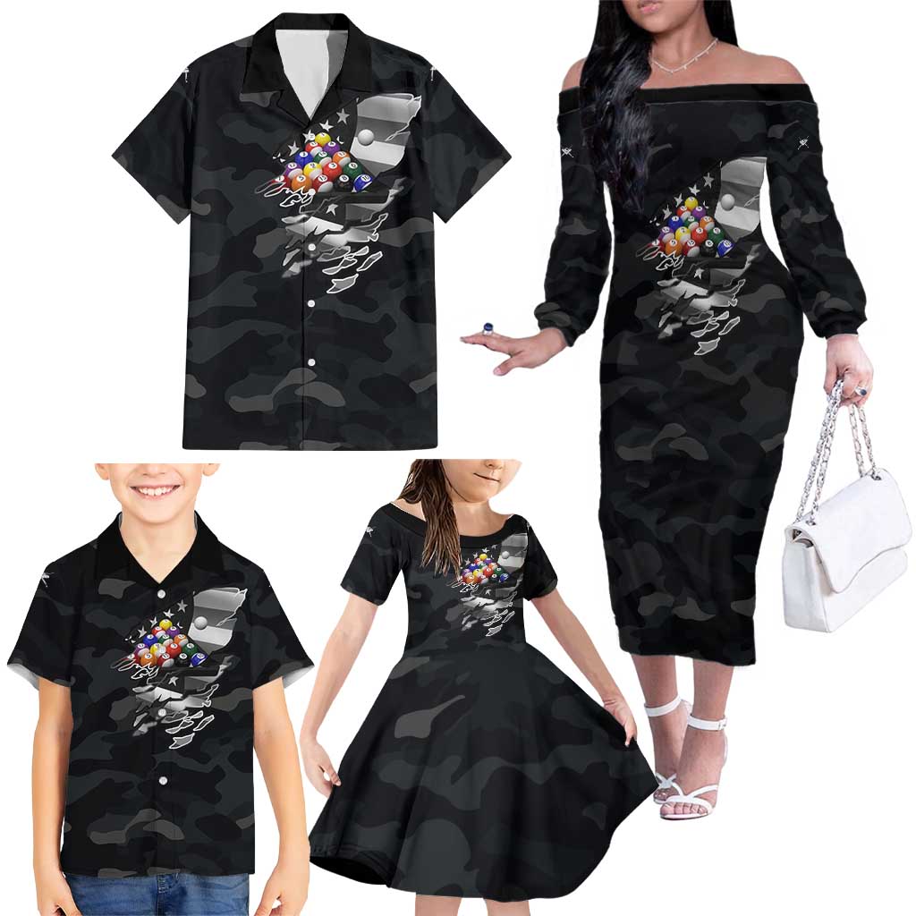 Custom American Flag Billiards Family Matching Off The Shoulder Long Sleeve Dress and Hawaiian Shirt with 8-Ball Wings and Camo Background - Wonder Print Shop