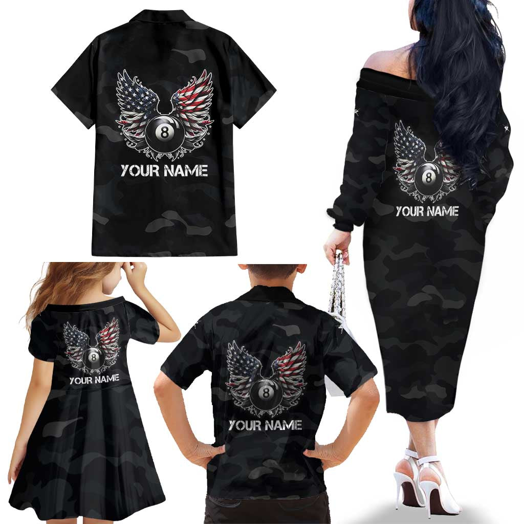 Custom American Flag Billiards Family Matching Off The Shoulder Long Sleeve Dress and Hawaiian Shirt with 8-Ball Wings and Camo Background - Wonder Print Shop