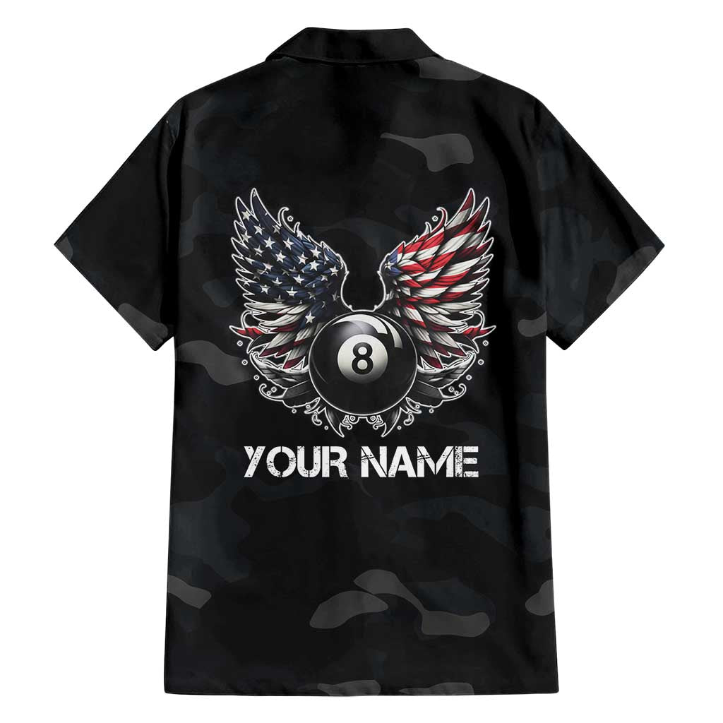 Custom American Flag Billiards Family Matching Off The Shoulder Long Sleeve Dress and Hawaiian Shirt with 8-Ball Wings and Camo Background - Wonder Print Shop