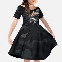 Custom American Flag Billiards Family Matching Off Shoulder Maxi Dress and Hawaiian Shirt with 8-Ball Wings and Camo Background - Wonder Print Shop