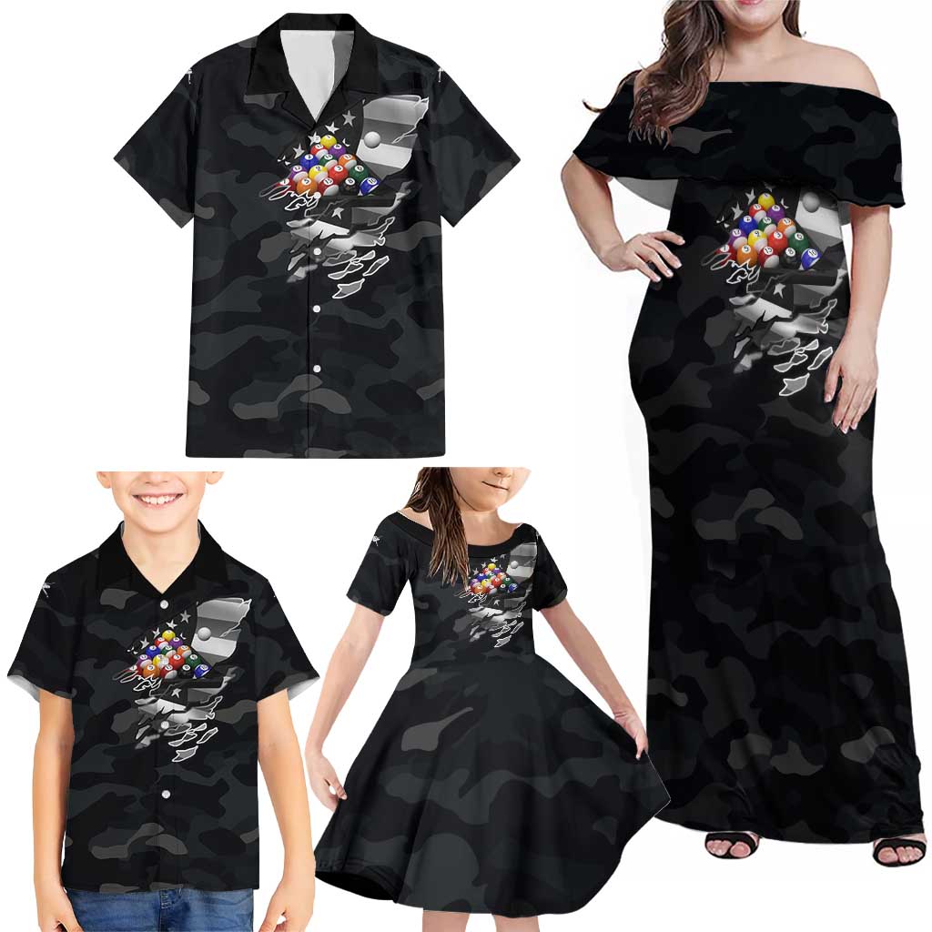 Custom American Flag Billiards Family Matching Off Shoulder Maxi Dress and Hawaiian Shirt with 8-Ball Wings and Camo Background - Wonder Print Shop