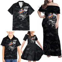 Custom American Flag Billiards Family Matching Off Shoulder Maxi Dress and Hawaiian Shirt with 8-Ball Wings and Camo Background - Wonder Print Shop