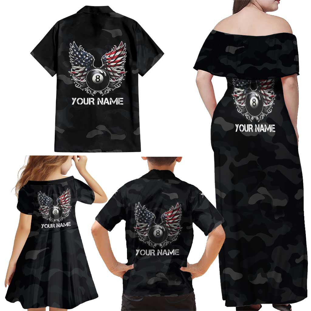 Custom American Flag Billiards Family Matching Off Shoulder Maxi Dress and Hawaiian Shirt with 8-Ball Wings and Camo Background - Wonder Print Shop