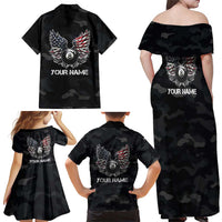 Custom American Flag Billiards Family Matching Off Shoulder Maxi Dress and Hawaiian Shirt with 8-Ball Wings and Camo Background - Wonder Print Shop