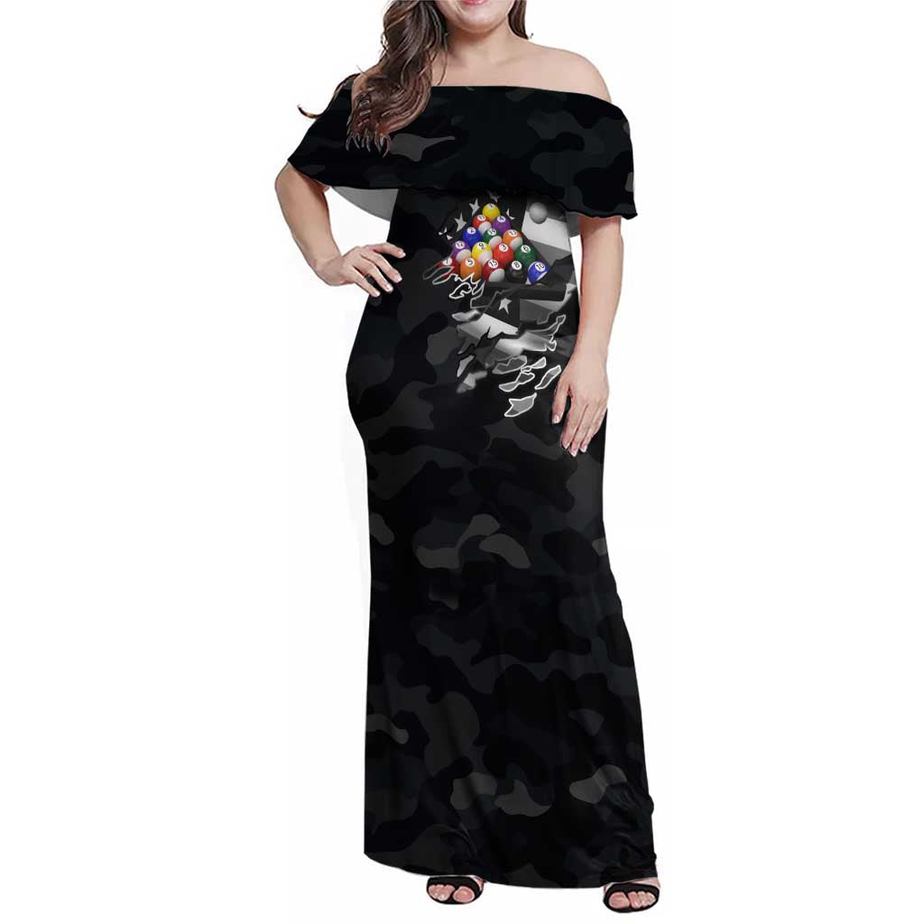 Custom American Flag Billiards Family Matching Off Shoulder Maxi Dress and Hawaiian Shirt with 8-Ball Wings and Camo Background - Wonder Print Shop