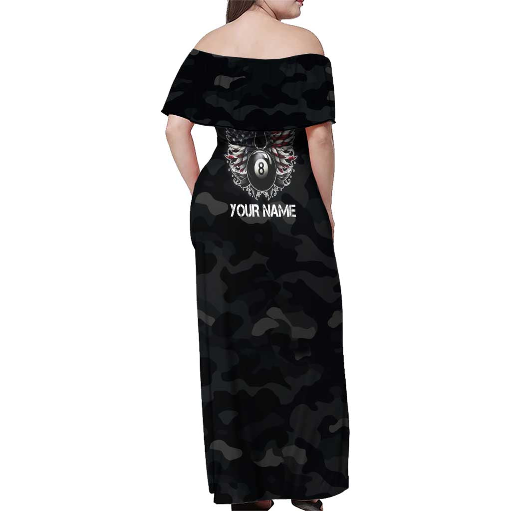 Custom American Flag Billiards Family Matching Off Shoulder Maxi Dress and Hawaiian Shirt with 8-Ball Wings and Camo Background - Wonder Print Shop