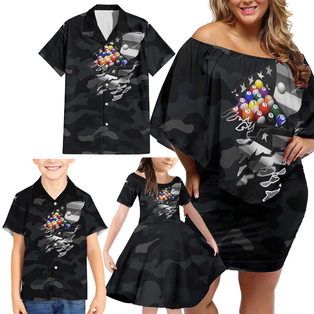 Custom American Flag Billiards Family Matching Off Shoulder Short Dress and Hawaiian Shirt with 8-Ball Wings and Camo Background - Wonder Print Shop