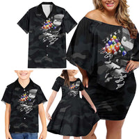 Custom American Flag Billiards Family Matching Off Shoulder Short Dress and Hawaiian Shirt with 8-Ball Wings and Camo Background - Wonder Print Shop