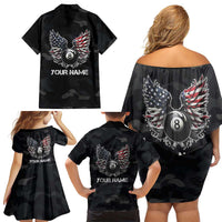 Custom American Flag Billiards Family Matching Off Shoulder Short Dress and Hawaiian Shirt with 8-Ball Wings and Camo Background - Wonder Print Shop