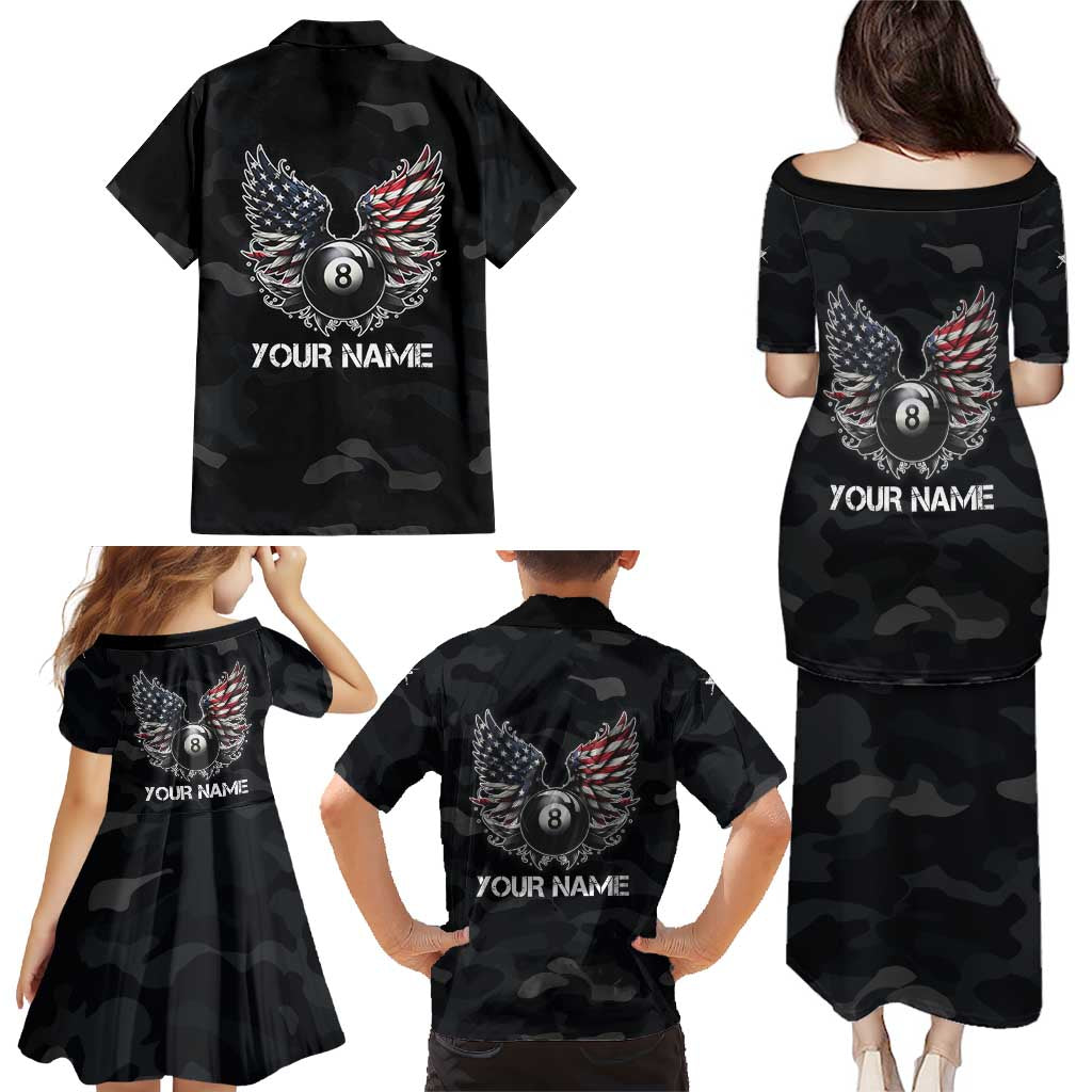 Custom American Flag Billiards Family Matching Puletasi and Hawaiian Shirt with 8-Ball Wings and Camo Background - Wonder Print Shop