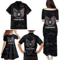 Custom American Flag Billiards Family Matching Puletasi and Hawaiian Shirt with 8-Ball Wings and Camo Background - Wonder Print Shop