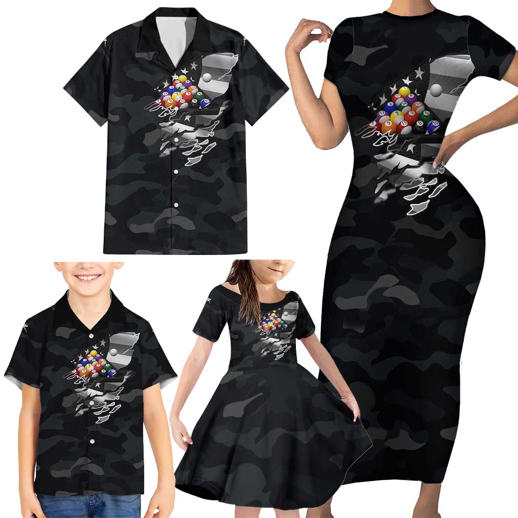 Custom American Flag Billiards Family Matching Short Sleeve Bodycon Dress and Hawaiian Shirt with 8-Ball Wings and Camo Background - Wonder Print Shop