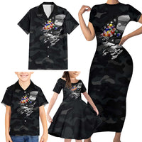Custom American Flag Billiards Family Matching Short Sleeve Bodycon Dress and Hawaiian Shirt with 8-Ball Wings and Camo Background - Wonder Print Shop
